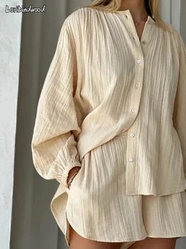 2023 Pajama Komplektai Moterų Chaki Atsitiktinis Sleepwear Tiktų Vasaros Ilgomis Rankovėmis Palaidinė Ritininės Šortai Atsitiktinis Mados Moterų Homewear