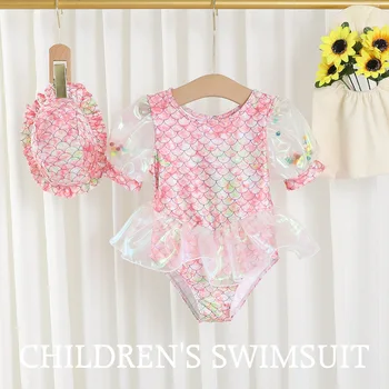2023 Vasarą Kūdikis Merginos Princesė maudymosi kostiumėlį 1-7Years Vaikų vientisas maudymosi kostiumėlis Vaikai Mados Vaivorykštė Undinė maudymosi Kostiumėliai Su Skrybėlę