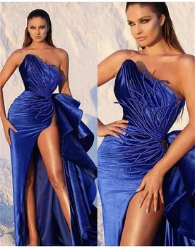Blue Velvet Vakarinę Suknelę Appliqued Seksualus Stebėjimo Pusės Split Raudonas Kilimas Prom Šalis Suknelė Užsakymą Ypatingomis Progomis Rūbeliai