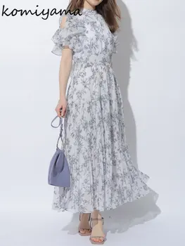 Japonija Naujų Gėlių Spausdinti Vestidos Mujer Off Peties Raukiniai Suknelė Vasaros Plisuotos Suknelės Moterims, O-kaklo trumpomis Rankovėmis Chalatas, Femme