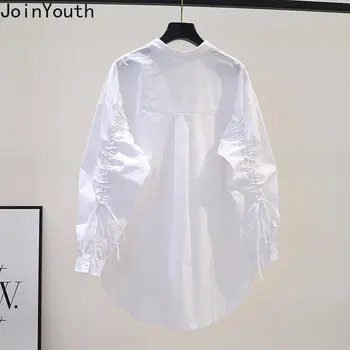 Korėjos Marškinėliai Moterims ilgomis Rankovėmis Raišteliu Atsitiktinis Palaidinės 2023 Blusas Mujer De Moda Mados korėjos Balta Negabaritinių Viršūnės