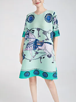 Miyake Plisuotos Spausdinti Suknelė Moterims 2023 Vasaros Nauja Suknelė Prarasti Didelio Dydžio Elastinga Suknelė