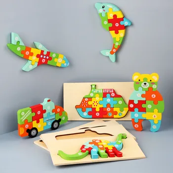 Montessori Medinė Vaikiška Galvosūkiai Vaikams, Žaislai mažiems Vaikams 2 3 4 Metų amžiaus 3D Medinių Gyvūnų Dėlionė, skirta Vaikams, Vaikiška Dovana