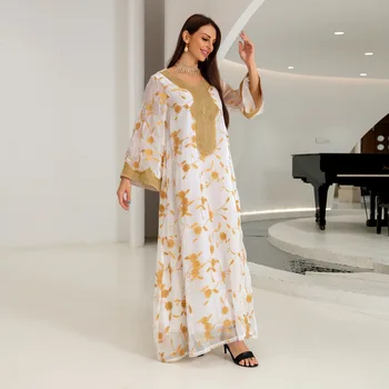 Musulmonų Balti Siūlai Suknelė Jalabiya Aukso Gėlių Siuvinėjimas Moterų Kaftan Skraiste Maroko Arabų Šalis, Pokylių Ramadanas Eid Abayas Suknelė