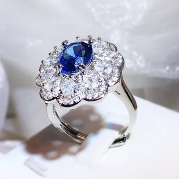 Nauja high-end luxury ovalo mėlyna brangakmenio atidarymo gėlių vestuvinis žiedas 925 sidabro apdaila AAAAA cirkonis juvelyriniai dirbiniai moterims