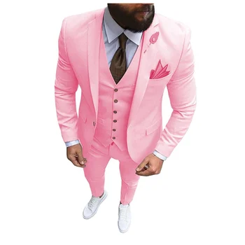 Naujas Rožinės spalvos vyriški 3 Gabalus Kostiumas Formalaus Verslo Klasės Atvartas Slim Fit Smokingas Geriausią Vyro Blazer Vestuvių(Švarkas+Liemenė+Kelnės)