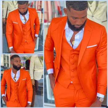 Ryškiai Oranžinė Žingsniu Atvartas Vyrų Kostiumai Kostiumų Homme Vestuvių Suknelė Tuxedos Terno Masculino Slim Fit Jaunikis Prom Šalies Blazer 3 Vnt
