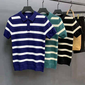 Trumpas Rankovės marškinėliai vyriški Aukštos kokybės Megztas Dryžuotas marškinėliai 2023 Europoje ir Amerikoje, Universalus ir Gražus Tendencija T-shirt