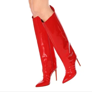 didelis dydis 34-46 raudona kelio ilgi batai nauji moterys veidrodis odiniai batai pažymėjo tne Batai banga vientisos spalvos įstrižai pusėje užtrauktukas mados
