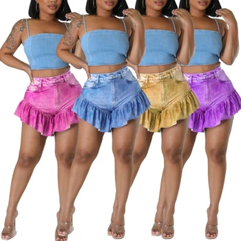 Šalių Klubų Sexy Nešioti Medžiaga Falbalas Džinsinio audinio Atspausdintas High Waisted Kišeniniai Kelnės Mini Mados Šortai dėl Moterų