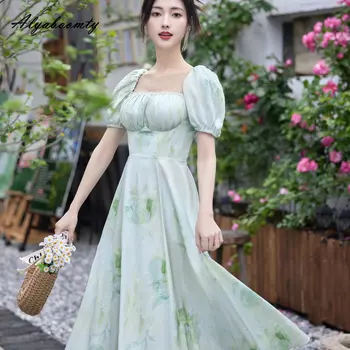 2023 Vasarą Moterys Fairycore Žalia Midi Suknelė Aikštėje Apykaklės Spausdinti Moteriškas Princesė Suknelė Sluoksniuotos Rankovėmis Derliaus Elegantiškas Prašmatnus Suknelė