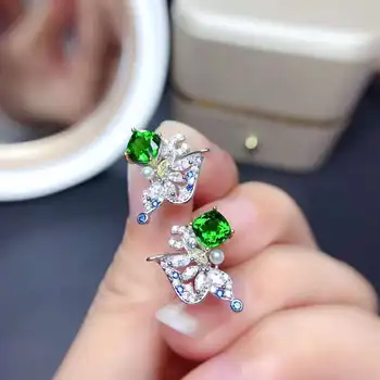 Elegantiškas mielas Drugelis natūrali žalioji diopside stud auskarai Natūralus akmuo auskarai, 925 sidabras moterų mergina šalis, dovana, papuošalai
