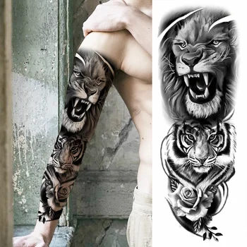 Laikinos Tatuiruotės Arm Sleeve Vyrų Suaugusiųjų Tikroviškos Liūtas, Tigras Gėlių Erškėčių Vilkas Miško Netikrą Tatuiruotę Lipdukas Šlaunies Tatoos Didelis