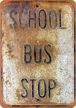 Mokyklos, autobusų stotelės, mokykla, autobusų stovėjimo vietas, alavo plakatas ženklai, lauko sienų apdaila lentelėmis, retro metalo ženklai